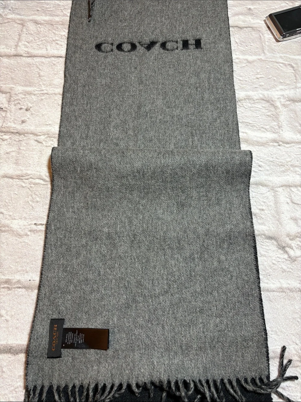 Coach Black and Gray Logo Fringe Scarf
